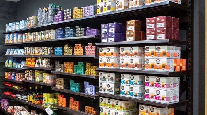 coffee boxes on shelves